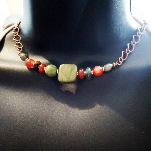 Handmade Asymmetrical Choker! Semi-Precious Stone Beads + Copper! Fall Colors! - Picture 9 of 15